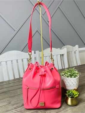 Dooney & Bourke Saffiano Leather Drawstring Bucket Bag Hot Pink Neon